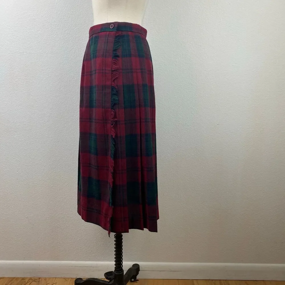 Vintage Copley Square Wool Pleated Wrap Skirt Fringe Side10 Red Green Plaid